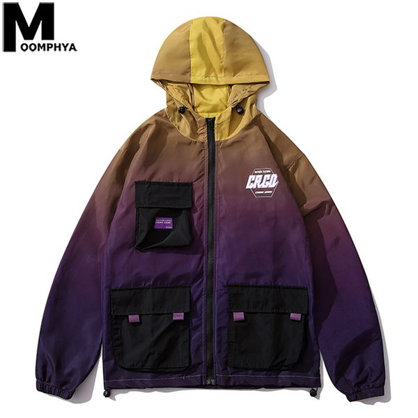 

moomphya dip-dye multi pockets hip hop jacket men streetwear hooded windbreaker coat men 2019 autumn jacket fashion outwear, Black;brown