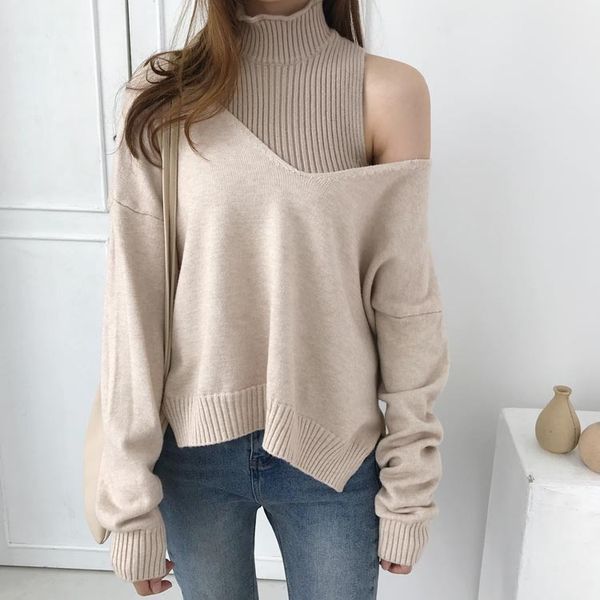 

mooirue autumn female casual sweater sets turtleneck slim tank +v neck loose pullovers vintage solid streetwear korean, White;black