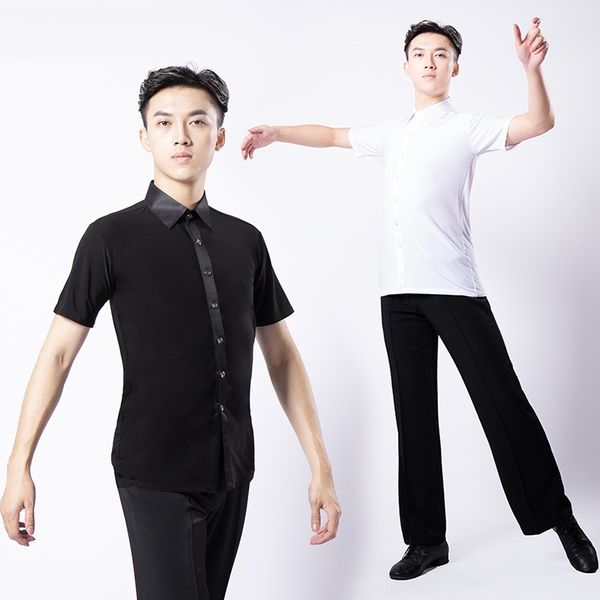 

h2617 men latin dance costume male short sleeve solid color practice shirt rumba latin dance performance competition wear, Black;red