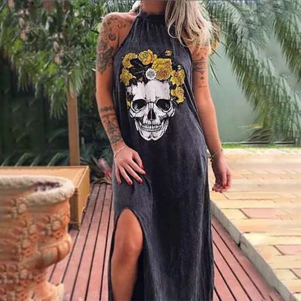 

halter skull flower print women slip dress streetwear split loose maxi dresses female summer fashion vestidos plus size, Black;gray