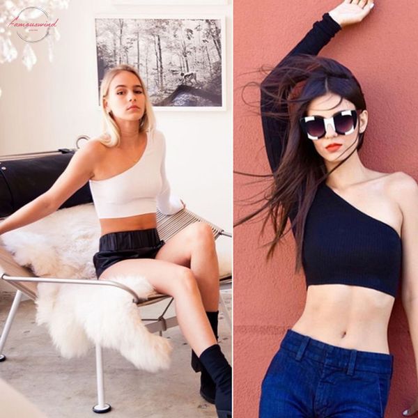 

одно плечо с длинным рукавом бретель femal вязаная crop top solid colors женщина топы streetwear упругих короткое вязание обрезанных тройник, White