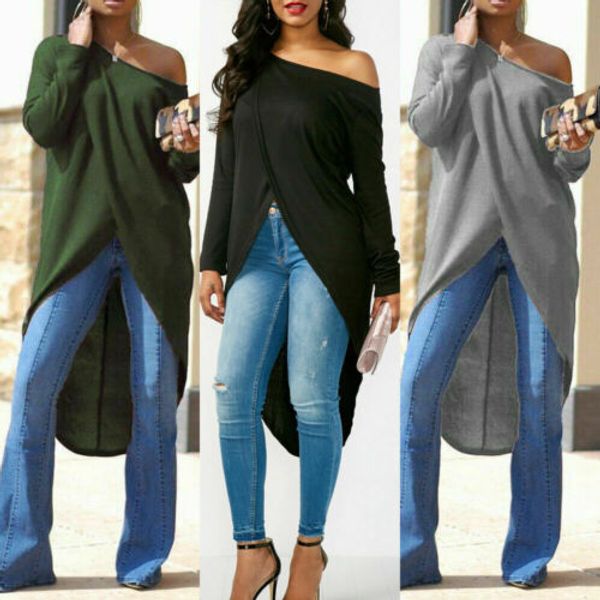 

women skew collar long sleeve blouse woman split asymmetrical hem casual solid color ladies fashion blouse 2019 streetwear, White