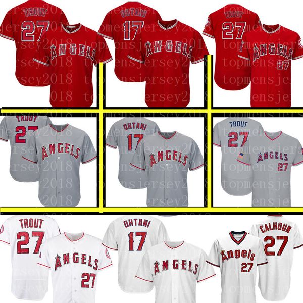 

Los Angeles 17 Shohei Ohtani 27 Mike Trout Angels Jersey Men's Majestic White Red Grey Retro FlexBase CoolBase Jerseys