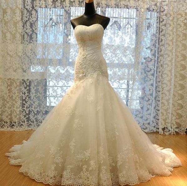 

real picture mermaid lace wedding dresses with applique sleeveless backless mermaid wedding gowns long bridal dresses dh4175, White