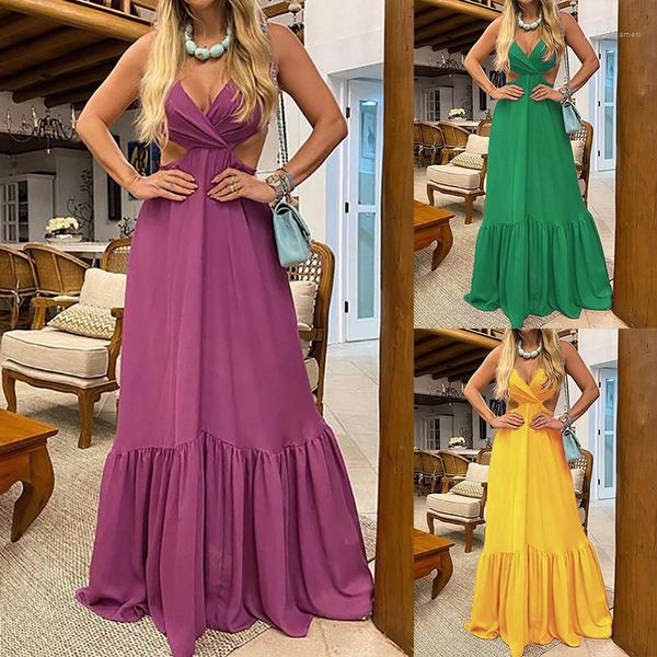 

solid color womens designer casual dress fashion v neck wrap chest long dresses hollow out female clothing, Black;gray