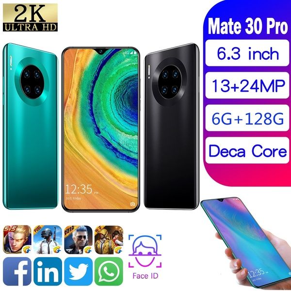 

android smartphones mate30 pro smartphone 6.3 inch mobielphone 4g dual sim cards support t card (6gb ram+128gb rom+gift 16gb tfcard