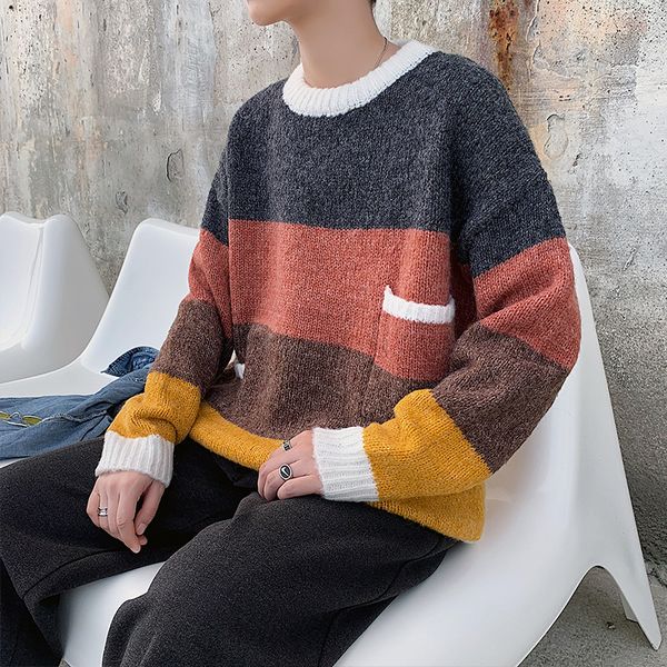 

winter striped sweater men warm fashion contrast color casual o-neck knitted pullover man streetwear loose long-sleeved sweater, White;black