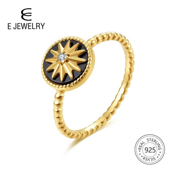 

e jewelry 100% 925 sterling silver star rings for women 18k gold plated silver black agate gemstone ring fashion jewellery 2019 v191220, Slivery;golden