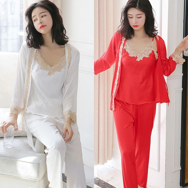 

vn4ke breathable ice silk clothes home pajamas three-piece set solid color plain pajamas women's light and comfortable women's hom, Blue;red