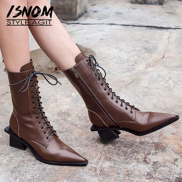

isnom mid-calf boots women lace up motorcycle boot pointed toe shoes female cow leather high heels shoes ladies autumn 2019 new, Black