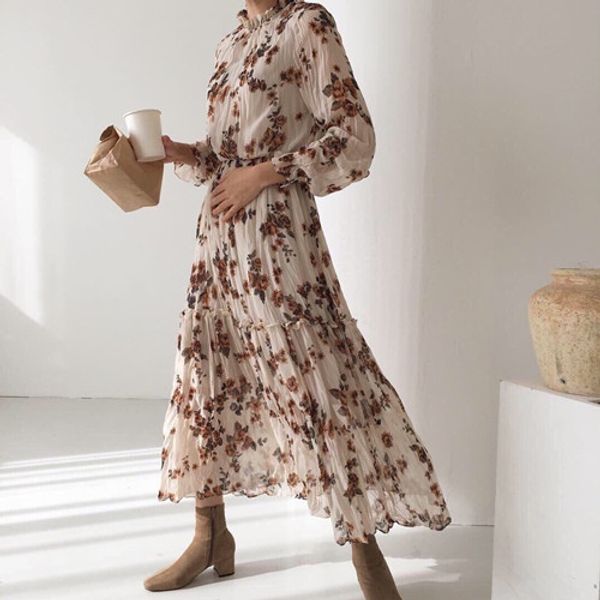 

women chic ruched floral print dress vintage elastic waist long sleeve female long dress summer ruffles a-line vestidos vs149, Black;gray