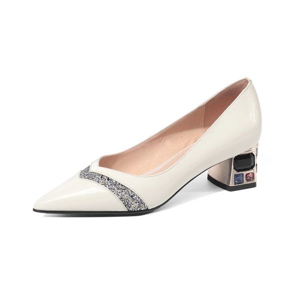 

bling poined -toed shoes for woman genuine leather thick heels pumps 2020 summer new wolking wedding shoes woman, Black