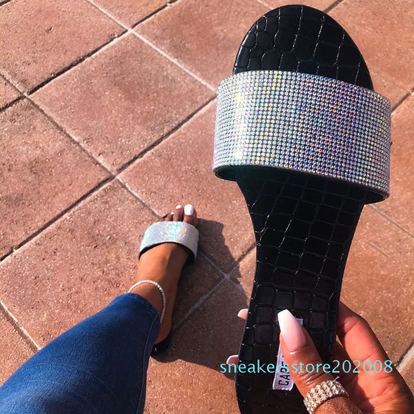 

eva diamond sequins spring summer fashion women's sandals pvc flat bottom ladies beach slippers candy color 4 colors d08, Black