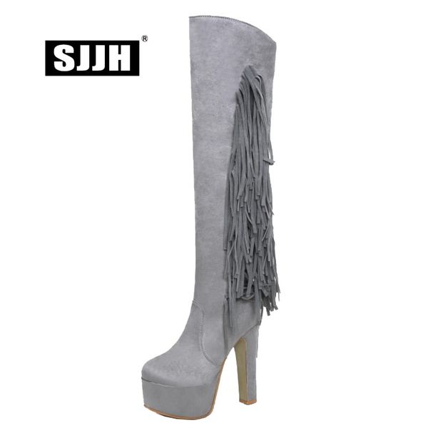 

sjjh women nubuck riding boots with round toe chunky platform zip short plush over-the-knee boots fashion shoes large size q507, Black