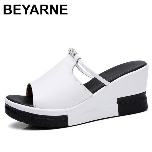 

beyarnesummer women platform slippers sandals shoes woman slip on open toe flip flop white genuine leather wedge beach sandals, Black