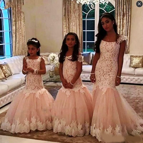 

blush pink lace mermaid girls pageant dresses with cap sleeves long flower girls dresses for weddings zipper back kids party birthday gown, White;red