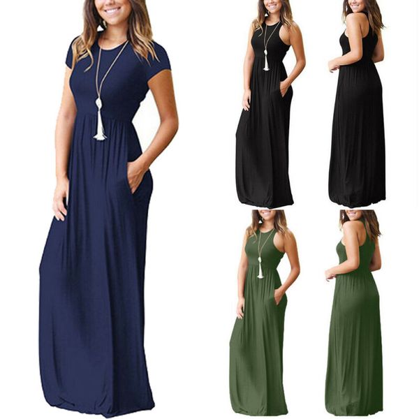 

pure color women's summer long dress boho casual long maxi party cocktail beach dress lady round neck sleeveless sundress, Black;gray