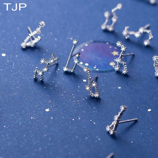 

tjp 100% 925 solid real sterling silver jewelry twelve constellation stud earrings birthday gift for women girls ch117sr00, Golden;silver