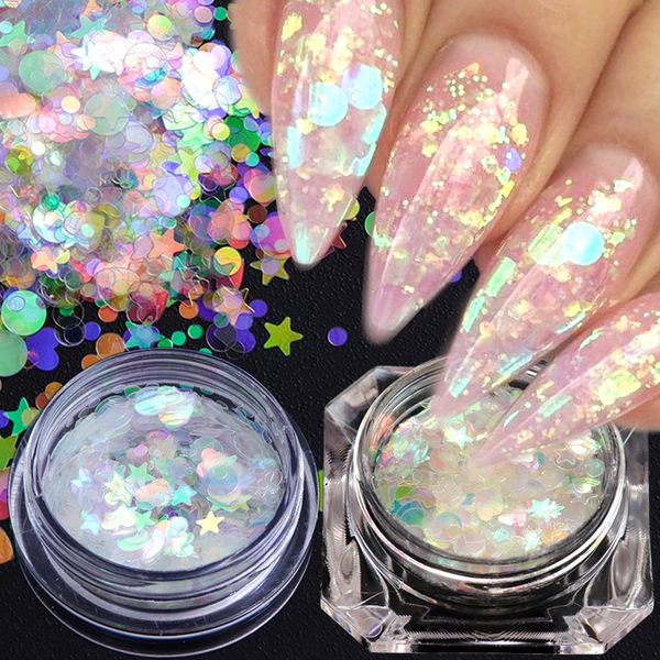 

2 color chameleon ab shiny nail art glitter sequins heart star round nail bling nail flake 3d diy manicure decor, Silver;gold