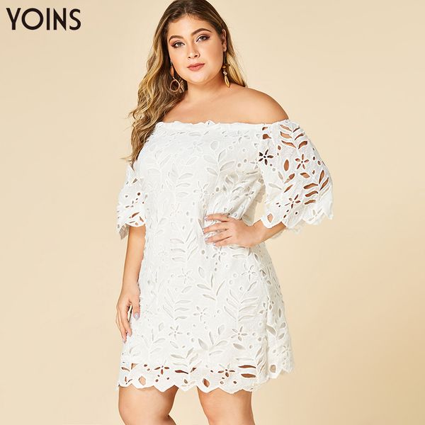 

yoins 2020 весна лето женщина плюс размера bodycon белых кружева платья с плечом половина рукав женского элегантное полой мини платье, White;black