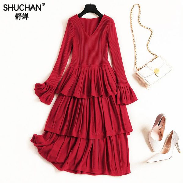 

shuchan bohemian style dress red knitted ball gown mid-calf v-neck dresses long sleeve winter dress women's new year 2018 8841, Black;gray