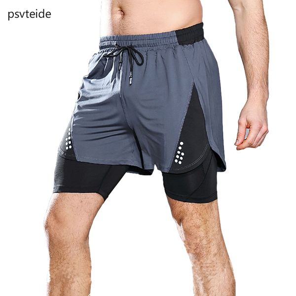 

men's shorts gym 2 in 1 compression sportswear man sports shorts running short deportivo hombre print mens compression underwear, Black;blue