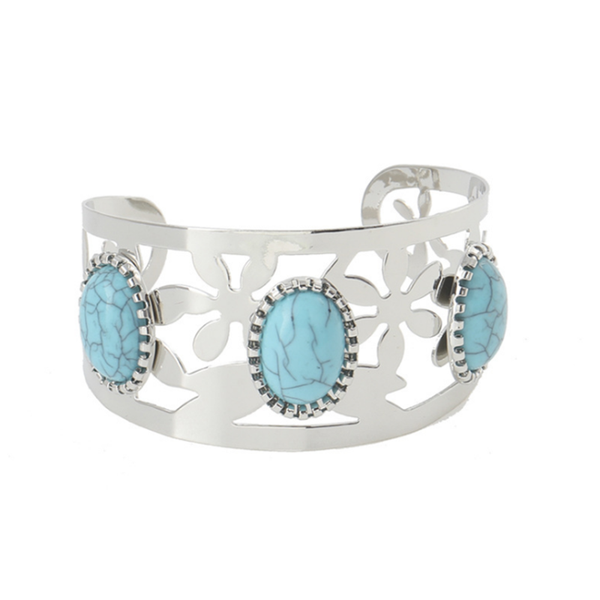 

bangle silver plated alloy decorative pattern with green turquoises stone open personalized jewelry, Black