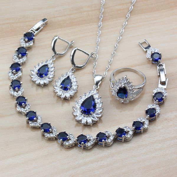 

2019 new arrival 925 silver party jewelry sets water drop with natural blue stones earrings/necklace bracelet/ring for women, Slivery;golden