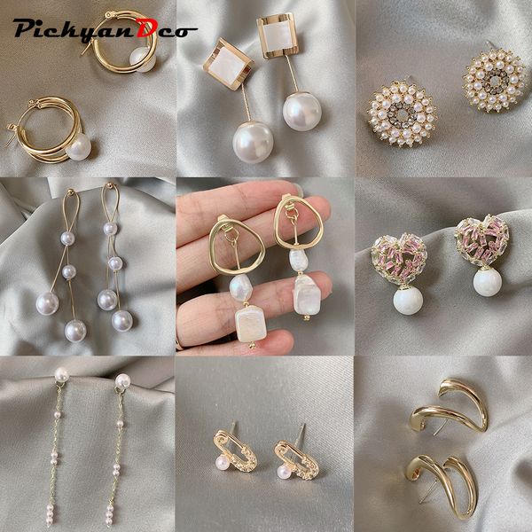 

pickyandco 925 silver pearl jewelry fashion earring gold drop earrings for women round earring brincos vintage accessories xc004
