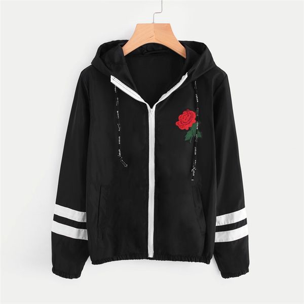 

women jackets spring autumn fashion long sleeve rose thin skinsuits women's hooded jackets zip floral pockets sport coat, Black;brown