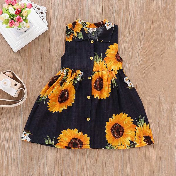 

2019 new summer fashion kids clothes for baby girls sleeveless casual buttons dresses sunflower print princess dress la robe, Red;yellow