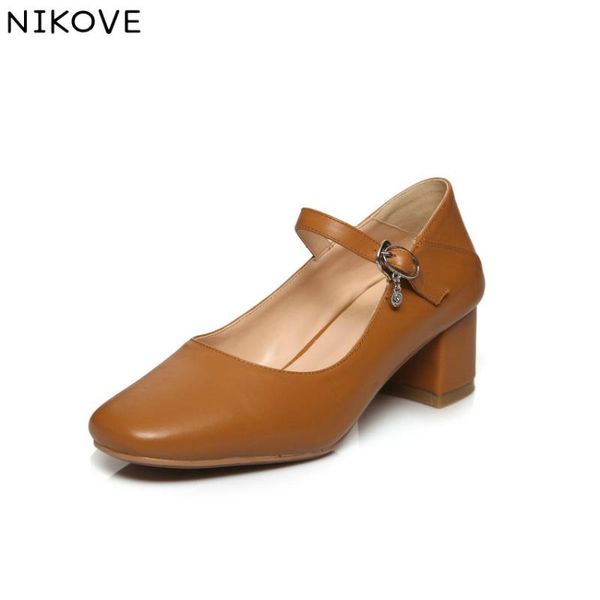 

nikove 2020 women pumps shoes leather+pu square med heel pointed toe solid mary janes casual spring summer shoes size 34-39, Black