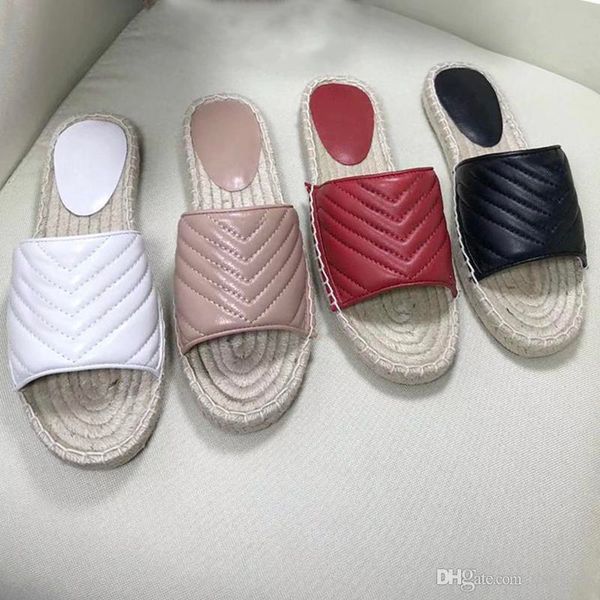 

new women leather espadrille sandal designer platform shoes lady straw cord luxury slipper with the double metal big size, Black