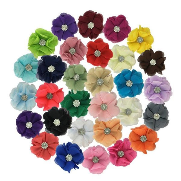 

30pcs/lot mini 2.4 inch fabric chiffon flower with rhionestone button shabby flower sewing clips applique headwear, Slivery;white