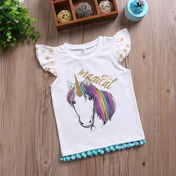 

cute unicorn kid baby girl cotton short sleeve t-shirt tee matching outfits summer children clothing, Blue