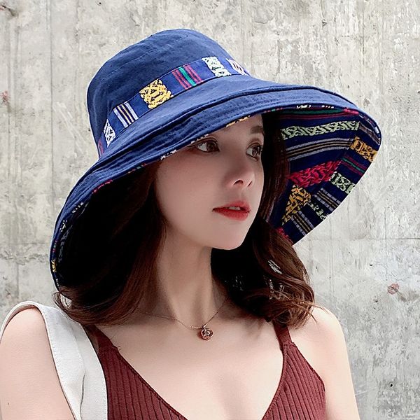 

rt5ye female summer big edge double-sided sunshade fisherman all-match national style travel sunscreen beach bucket bucket hat national fis, Blue;gray