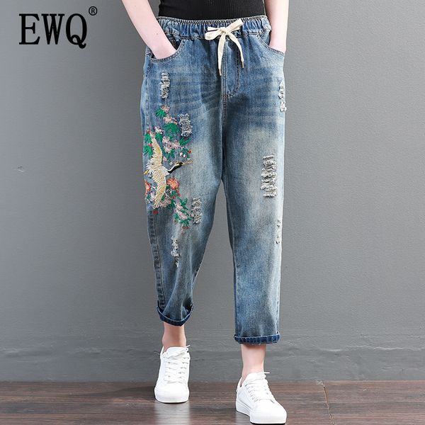 

ewq] 2019 новое лето осень джинсы синий эластичный пояс вышивки hole сыпучие denim до щиколотки шаровары женщины моды qc685, Blue