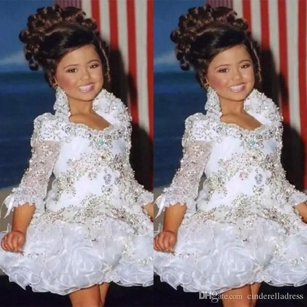 

2020 новый glitz pageant платья для девочек little girl платья 3/4 рукава бусы кристалл rhinestone оборками кекс платье девушки цветка ba839, White;red