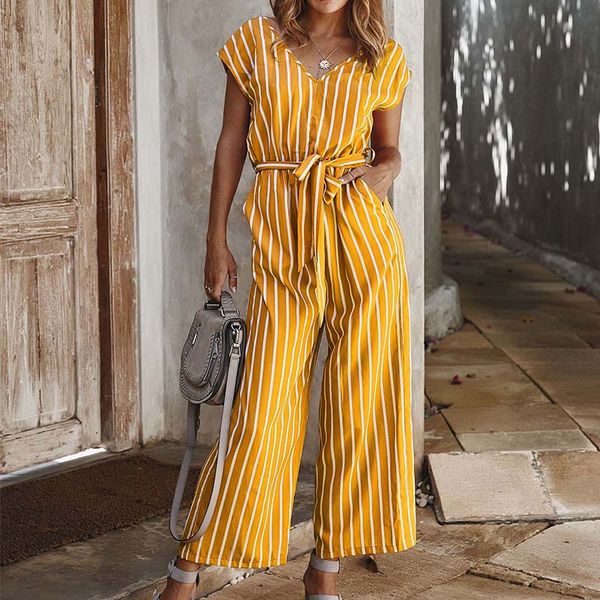 

2020 rompers women striped print lace-up jumpsuit lady vintage cotton short sleeve v neck long pants summer black jumpsuits, Black;white