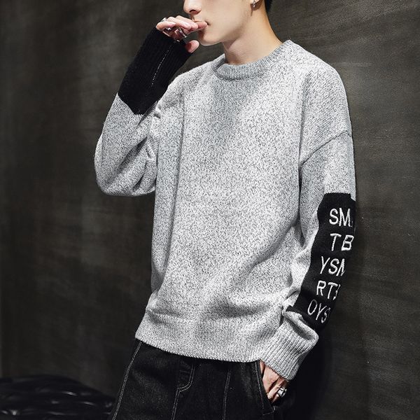 

2019 fashion sweater men autumn winter fashion knitted pullover loose o-neck long sleeve letter sweater men, White;black