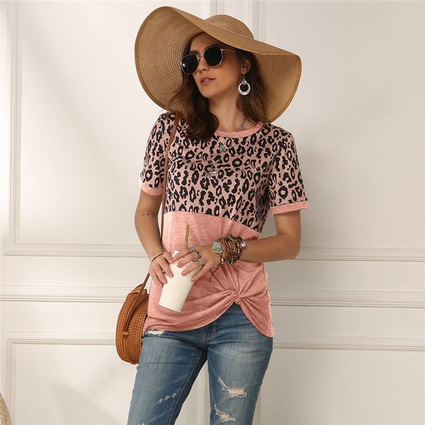 

designer casual womens t shirt luxury panelled short sleeve leopard decorated crew neck pullover, White