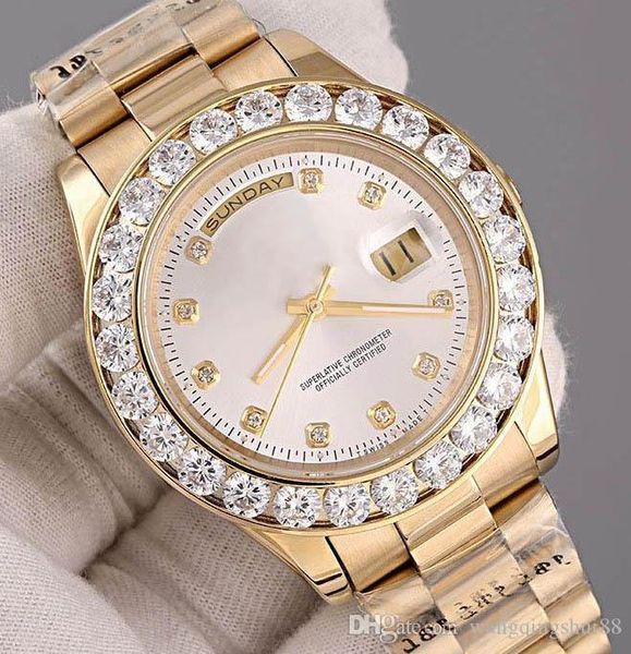 

2019 3a luxury super good president day date watch big diamond bezel black dial mens reloj wristwatches, Slivery;brown