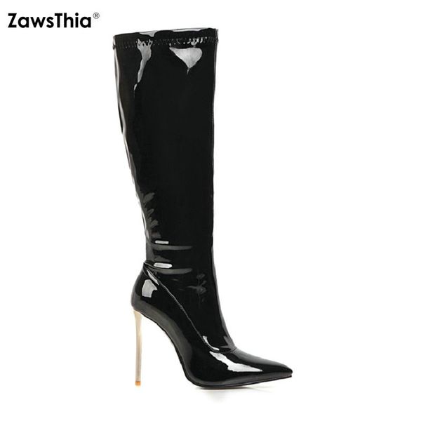 

zawsthia 2019 patent pu leather 10cm super thin high heels woman stilettos party shoes red white black knee-high stretch boots