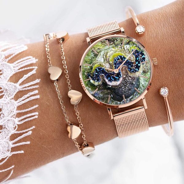

fashion coral shell stainless steel mesh band women casual quartz watch gift ladies dress watches gift luxury, Slivery;brown