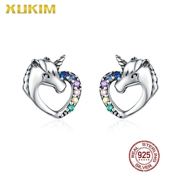 

mse814 xukim jewelry 925 sterling silver unicorn earrings colorful stones sterling silver earrings 2020, Golden;silver