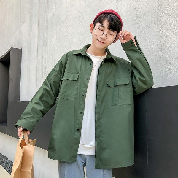 

new chic loose long sleeve shirt for japanese autumn dresses men's home bf wind pocket casual shirt, White;black
