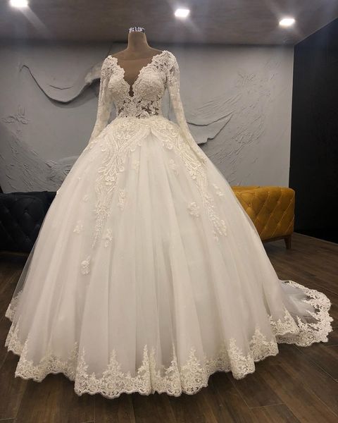 

real picture ball gown wedding dresses sheer jewel neck lace appliqued pearls long sleeve bridal gowns custom made abiti da sposa, White