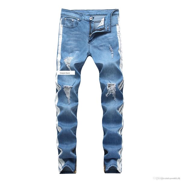 

fit ripped jeans men hi-street mens distressed denim joggers knee holes washed destroyed jeans brand plus famous pants ing, Blue