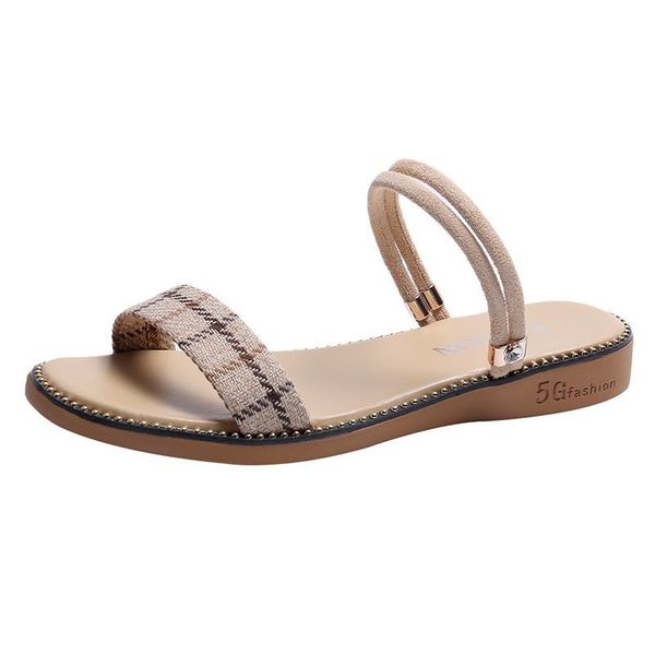 

new summer sandals women plaid shoes flat fashion ladies sandals non-slip summer holiday shoes black beige yx2438