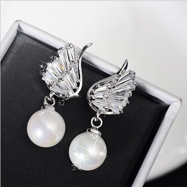 

new individual silver needle ear nails women angel wing earrings fashion long pearl exquisite accessories ear jewelry, Golden;silver